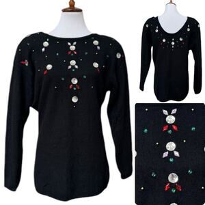 Vintage Daizy Black Lambswool Angora Blend Colorful Gem Sweater Women’s Large